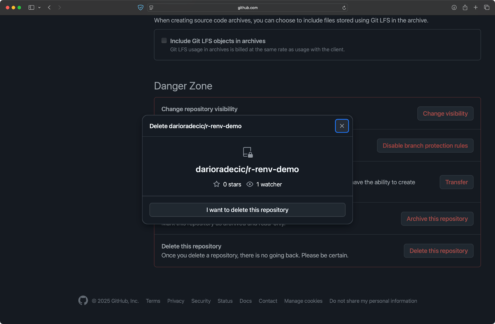 Image 3 - Initiating a GitHub repo deletion