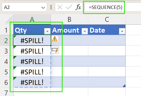 #SPILL! error in Excel caused by dynamic arrays inside tables