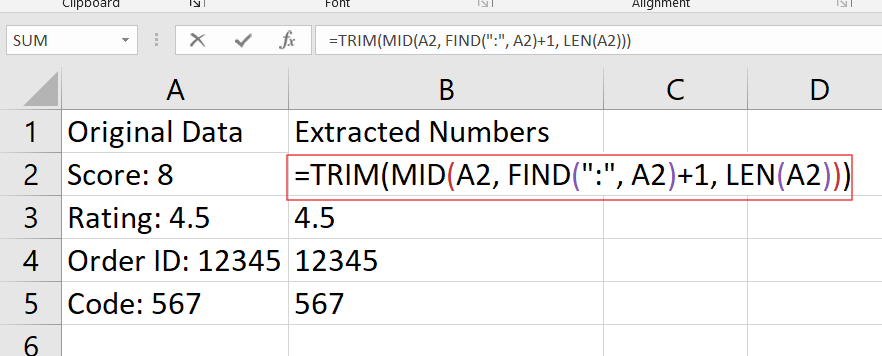 Extrahiere eine Zahl nach einem Sonderzeichen aus einer Zeichenfolge in Excel.
