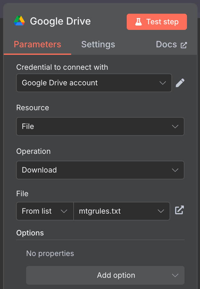 Configuring the Google Drive download node in n8n