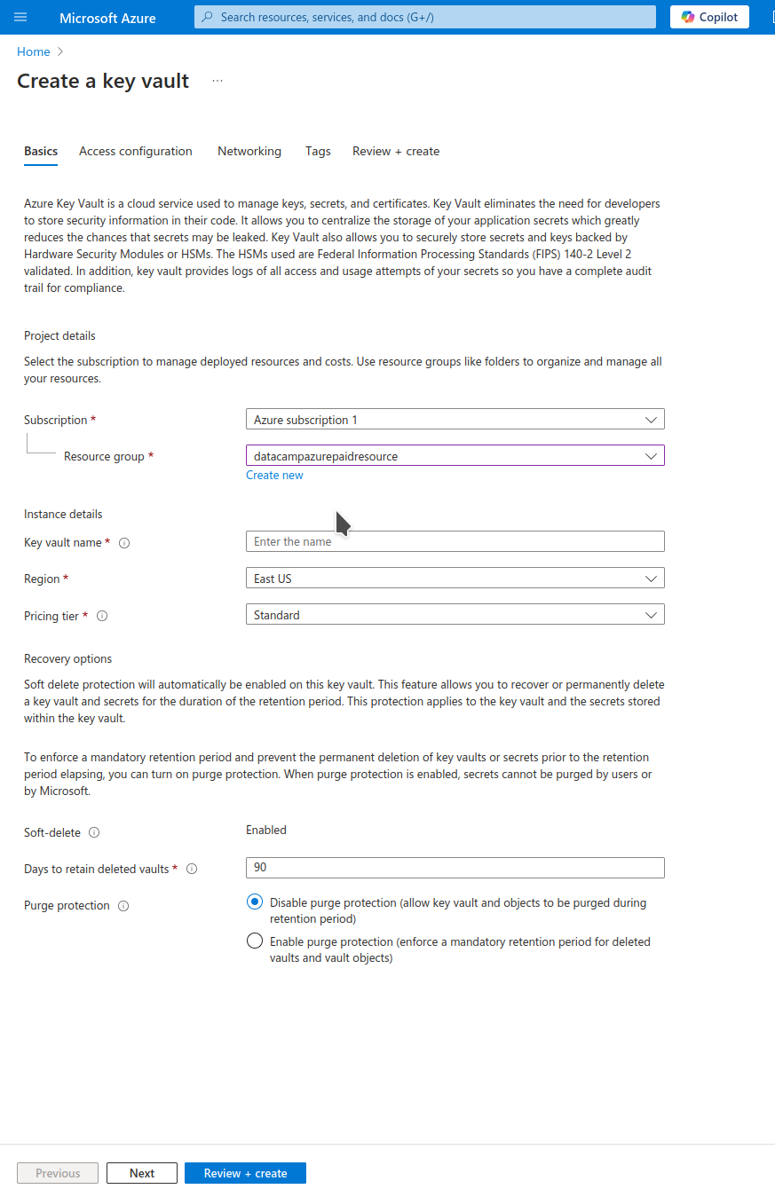 Create key vault page