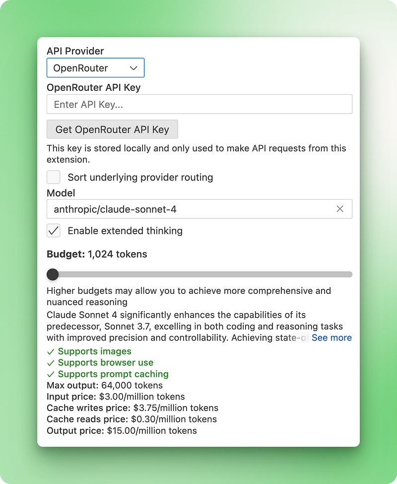 Cline's model pricing interface showing transparent cost information for various AI models with different capabilities and pricing tiers