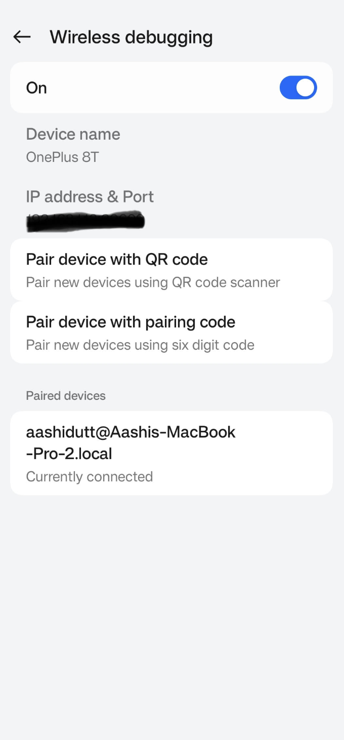 Wireless debugging settings on Android device for running gemma 3 270M