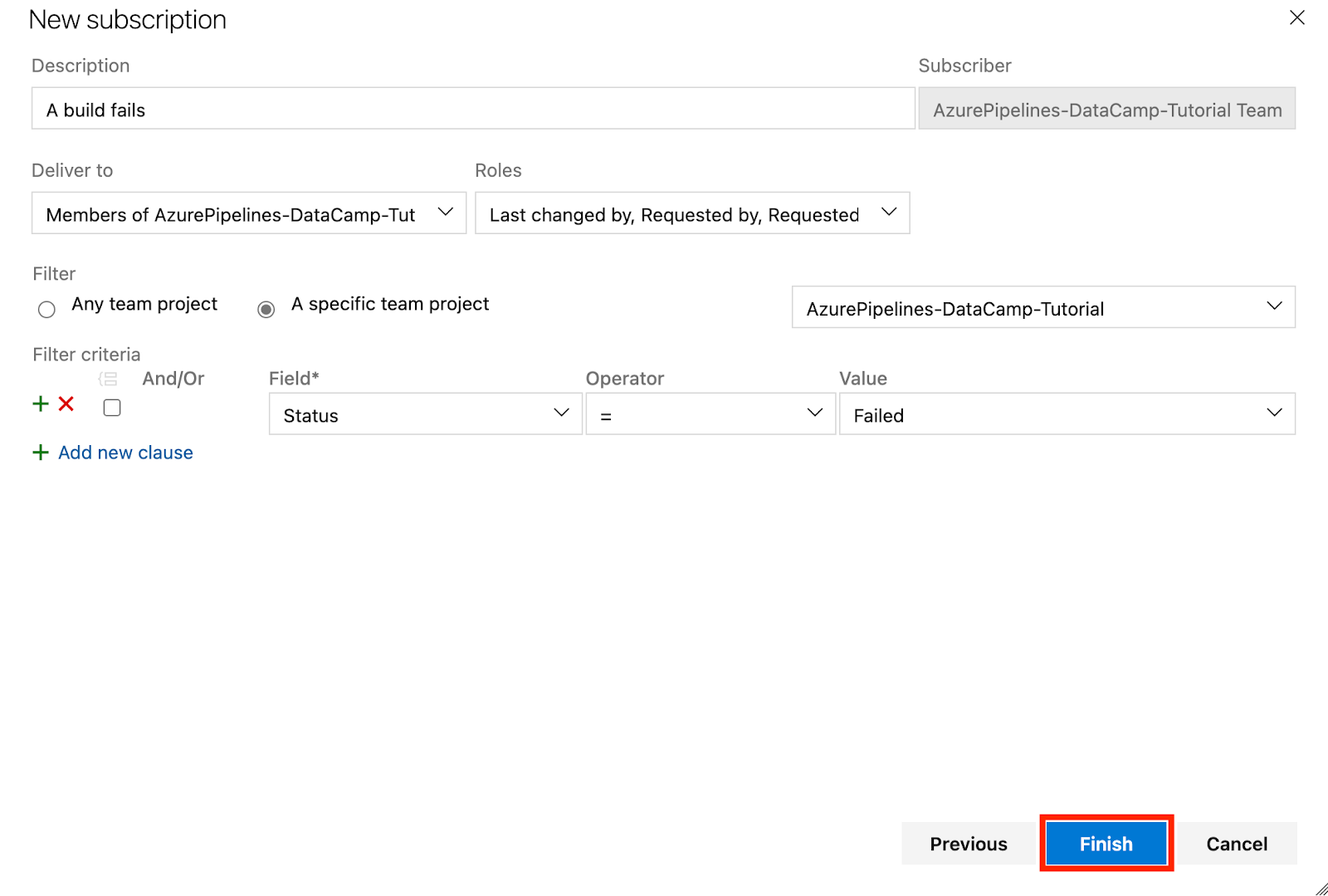 "L'interface Azure DevOps affiche la section Category avec 'Build' sélectionné, et la section Template avec 'A build fails' choisi pour la création d'un abonnement de notification.