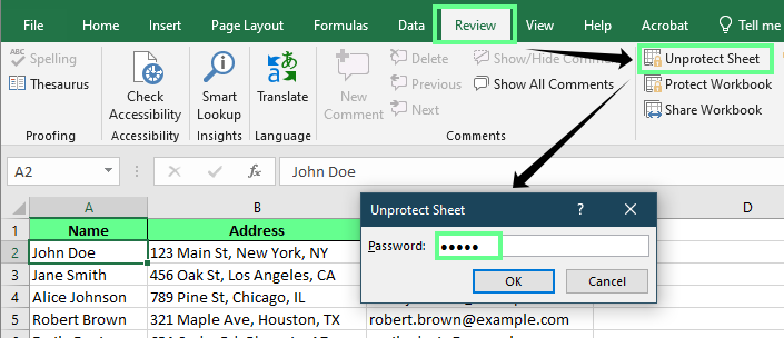 Aufheben des Schutzes des Blattes mit einem bekannten Kennwort in Excel.