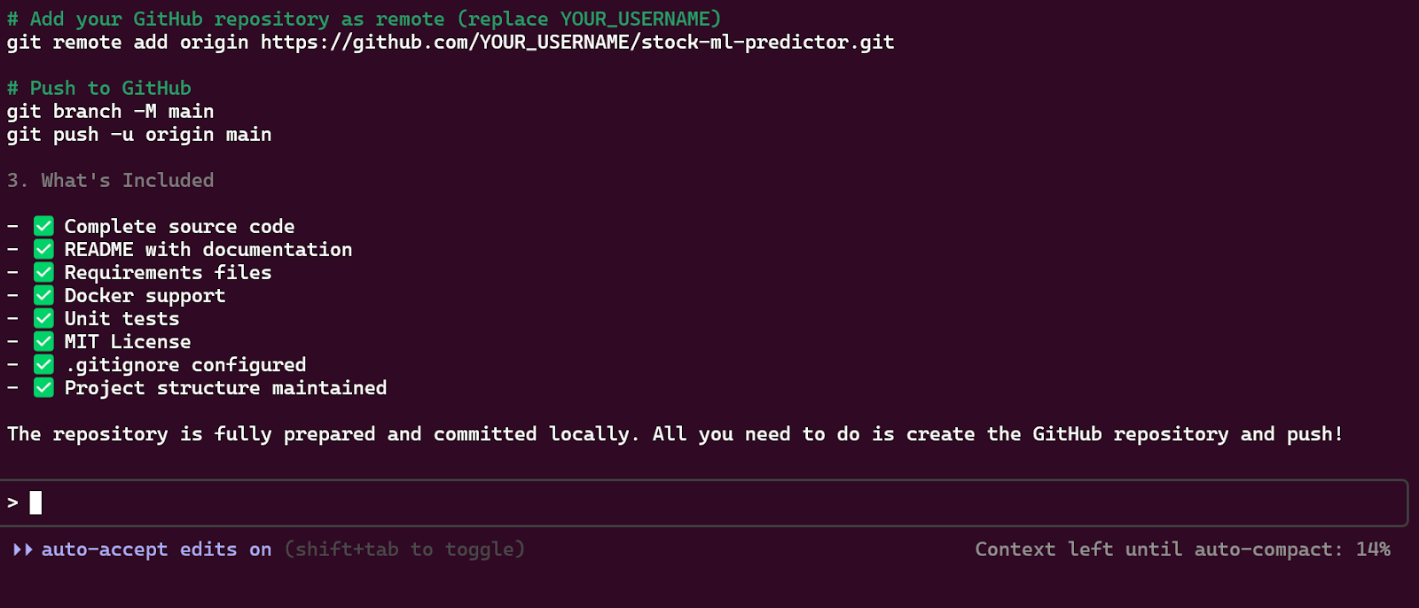 Claude Code provides a step-by-step guide for manually pushing code to GitHub.