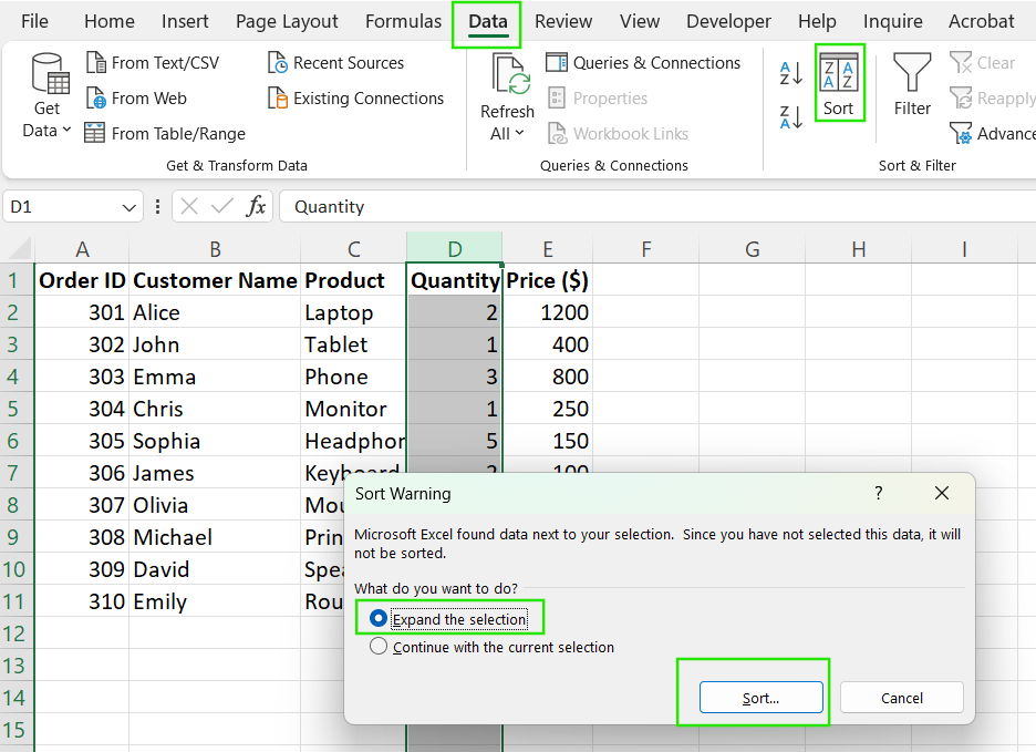 Comment élargir la sélection dans Excel.