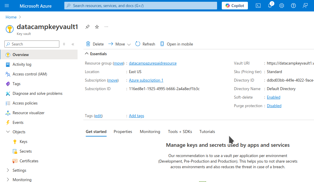 Azure Key vault page