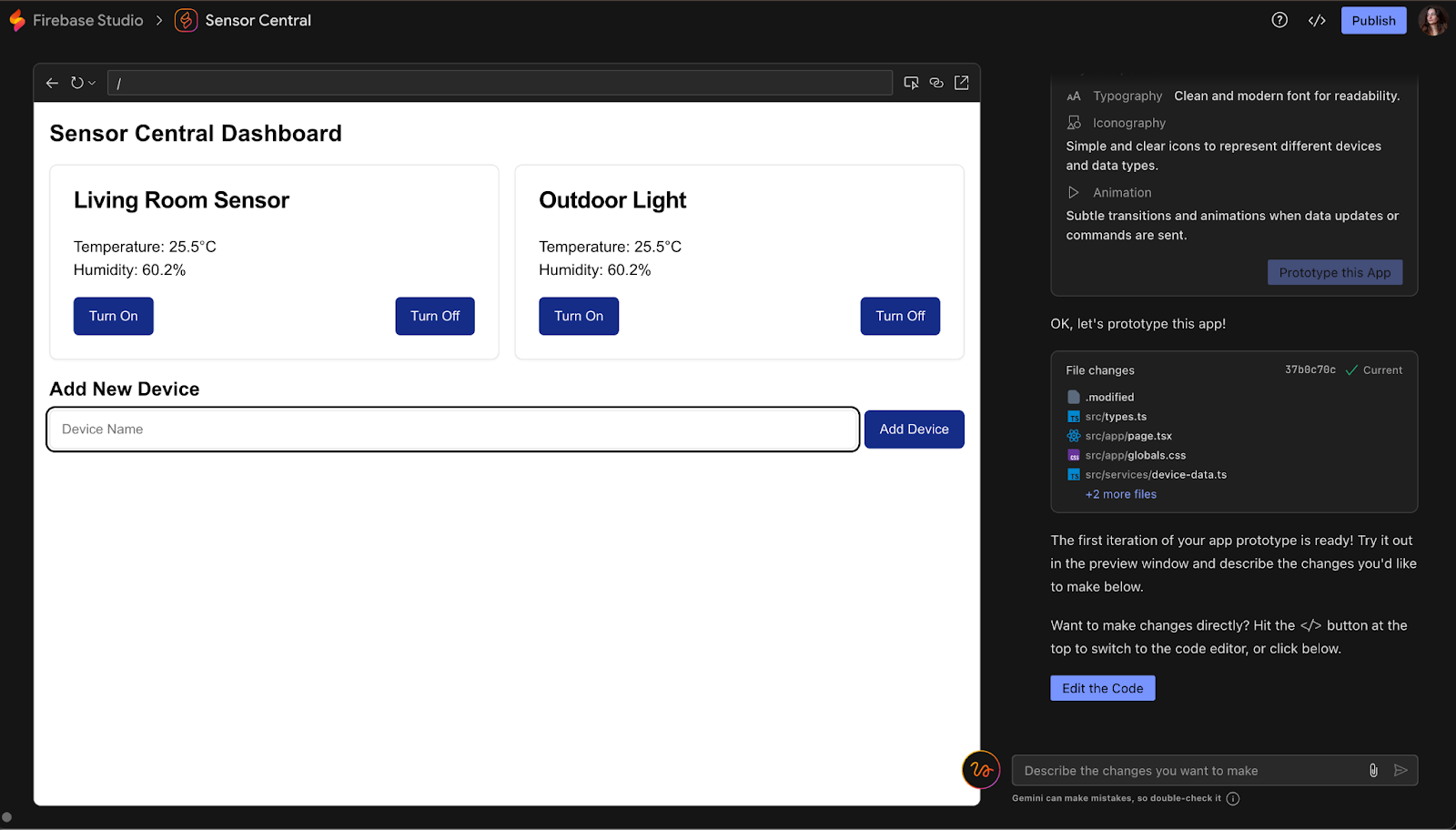 Sensor dashboard app built with firebase studio