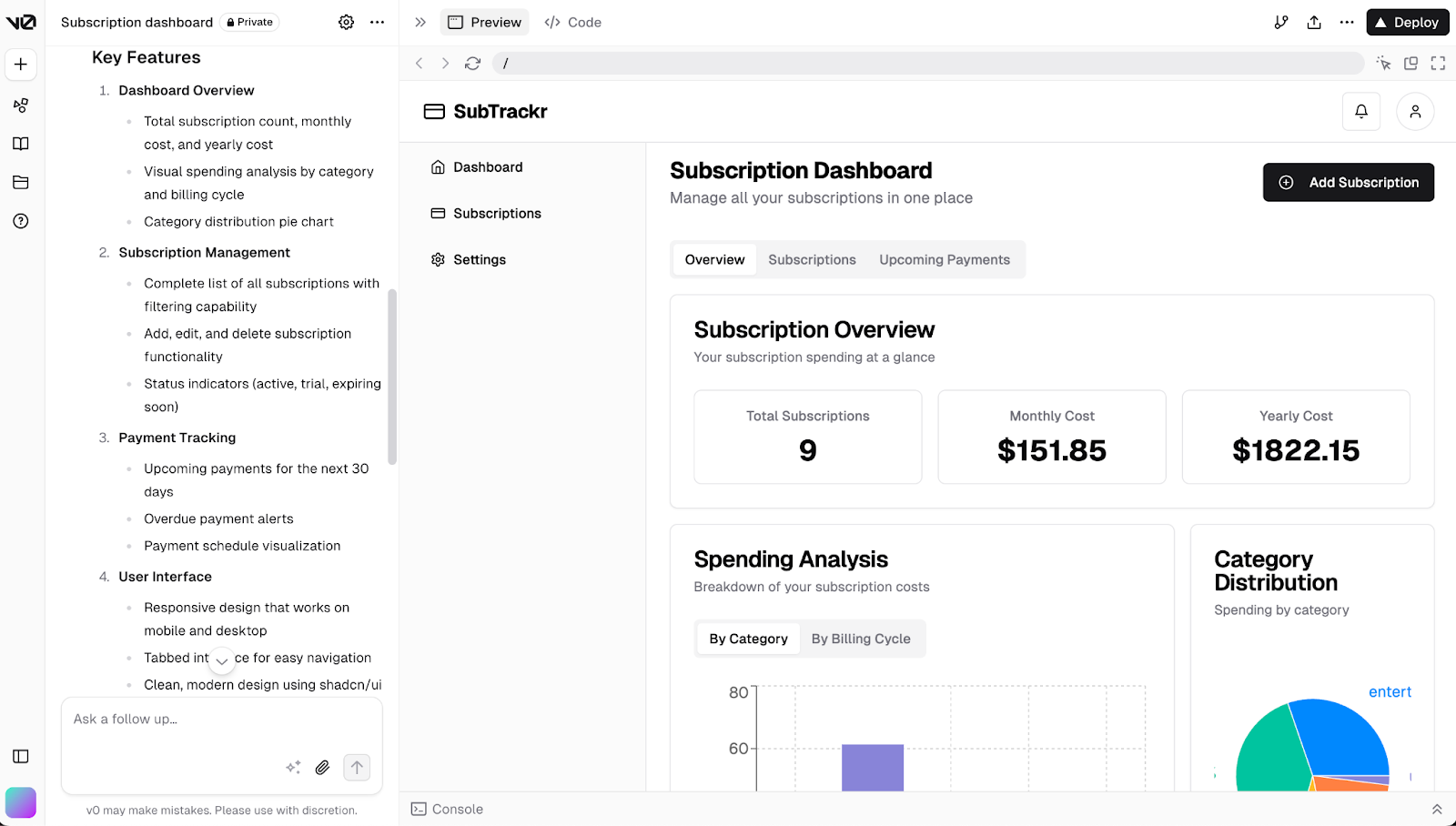 Preview of the generated app with v0 vercel