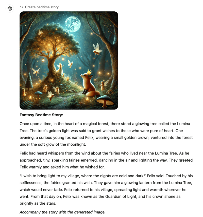 Bedtime story example with ChatGPT tasks.
