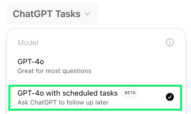 Selecting the ChatGPT with scheduled tasks model.