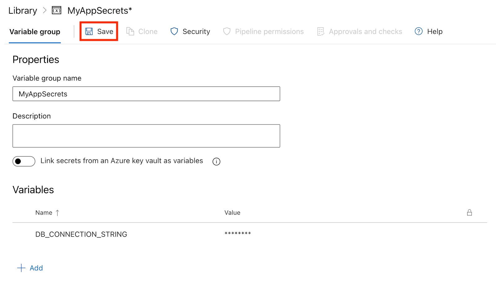 Interface Azure DevOps montrant le bouton Save utilisé pour stocker la variable nouvellement ajoutée dans le groupe de variables.