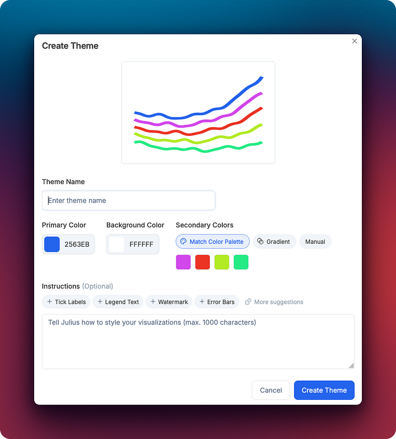 La page de configuration pour la création de thèmes personnalisés dans Julius AI
