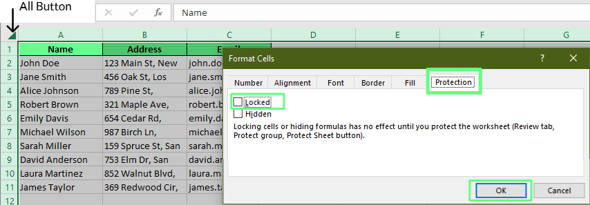Entsperre alle Zellen im Blatt in Excel.