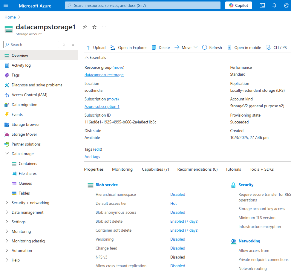 Azure Storage account page
