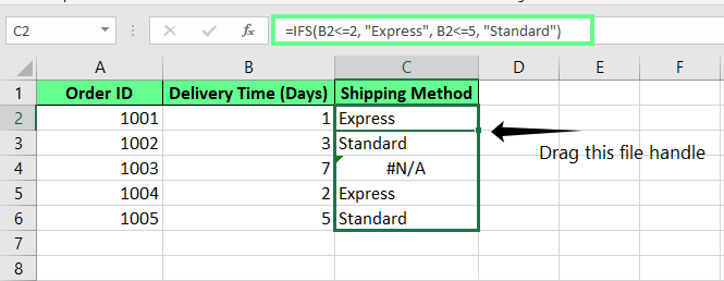Copie a fórmula usando um identificador de arquivo no Excel.