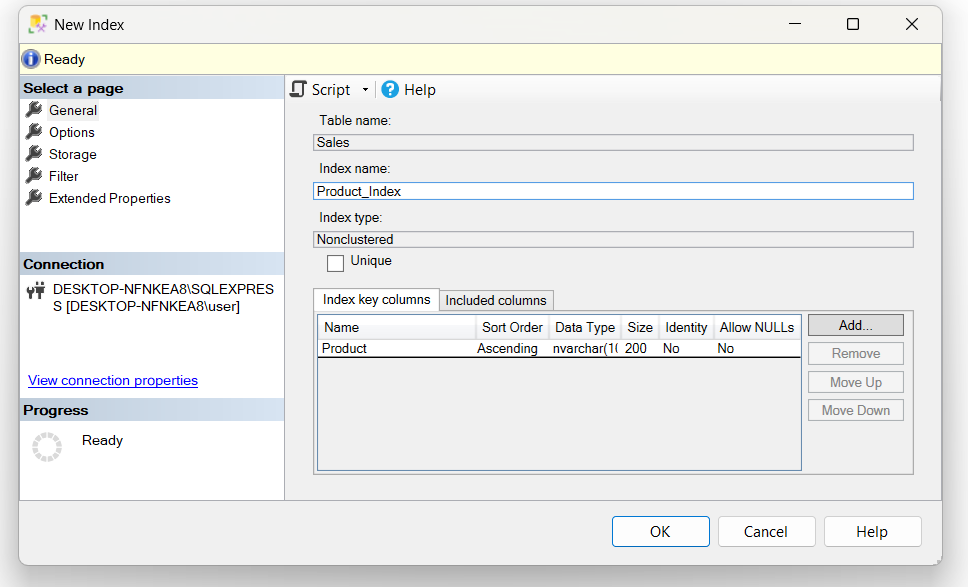 Choose the index type and define the properties.