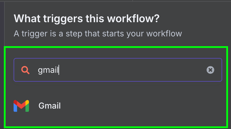 Selecting a Gmail trigger node in n8n
