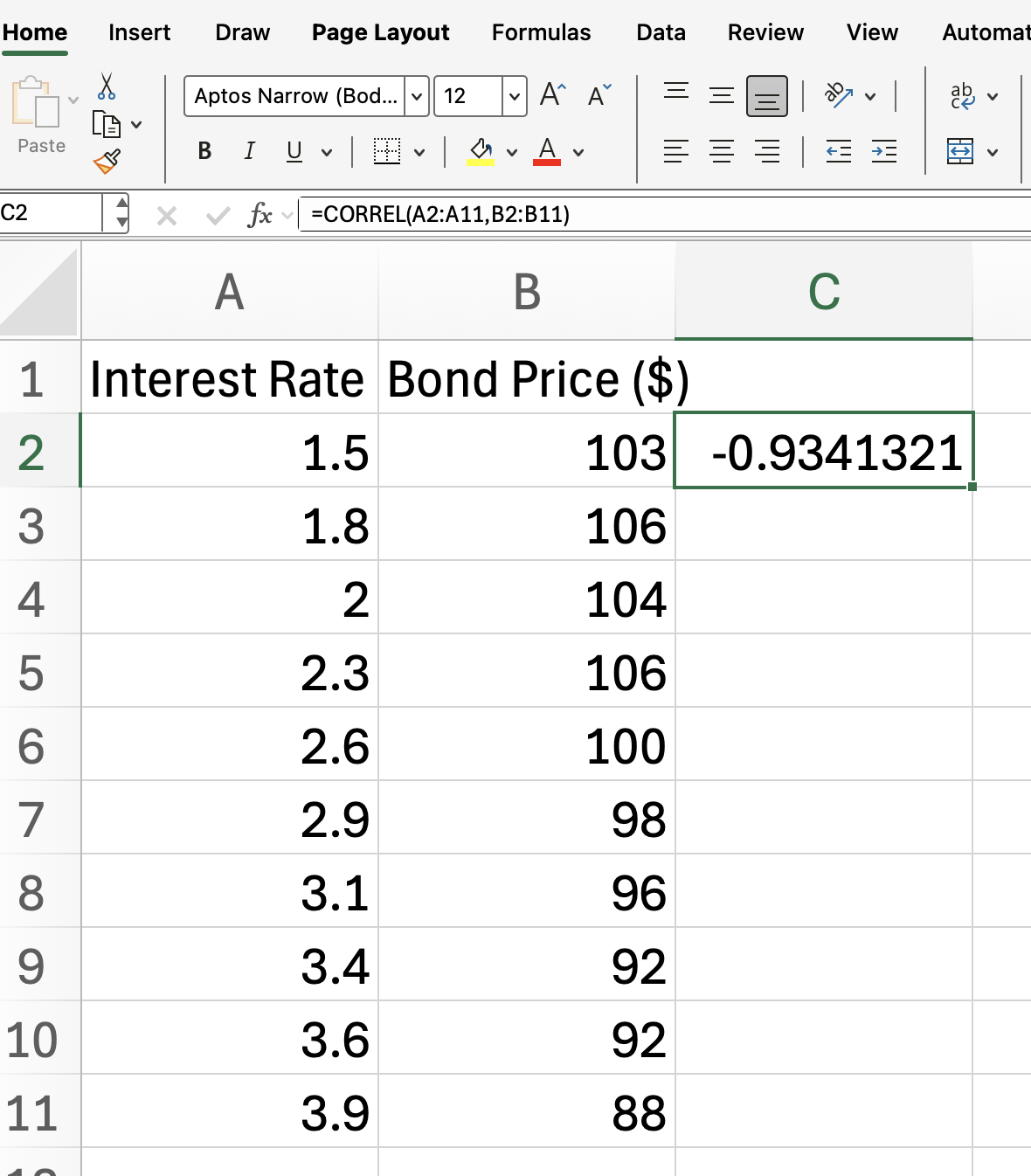 Excel CORREL array example