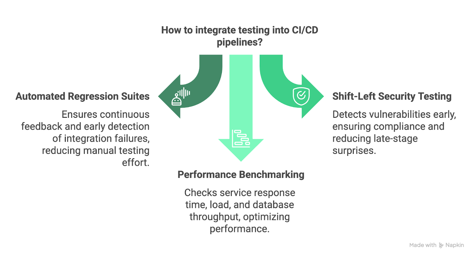 Imagem sobre como incluir testes de integração nos pipelines de CI/CD. Criada usando o Napkin AI