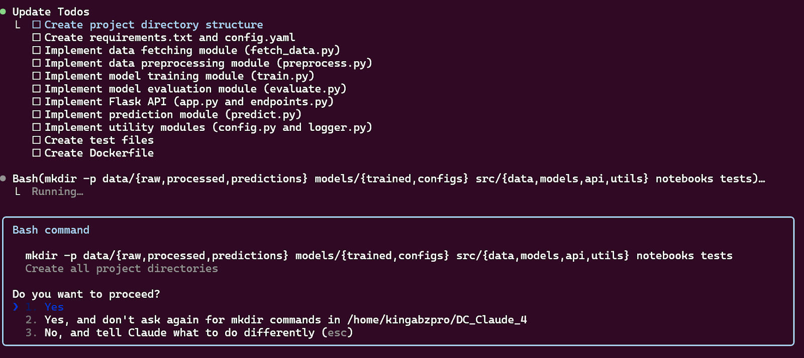 Opus 4 creating a to-do list to build a machine learning project from scratch via Claude Code.