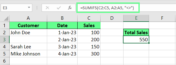 Additionner toutes les cellules non vides avec la fonction SUMIFS() dans Excel.