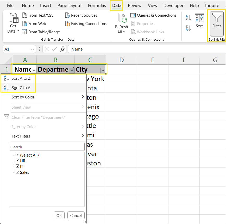Filter verwenden, um Daten in Excel alphabetisch zu sortieren.