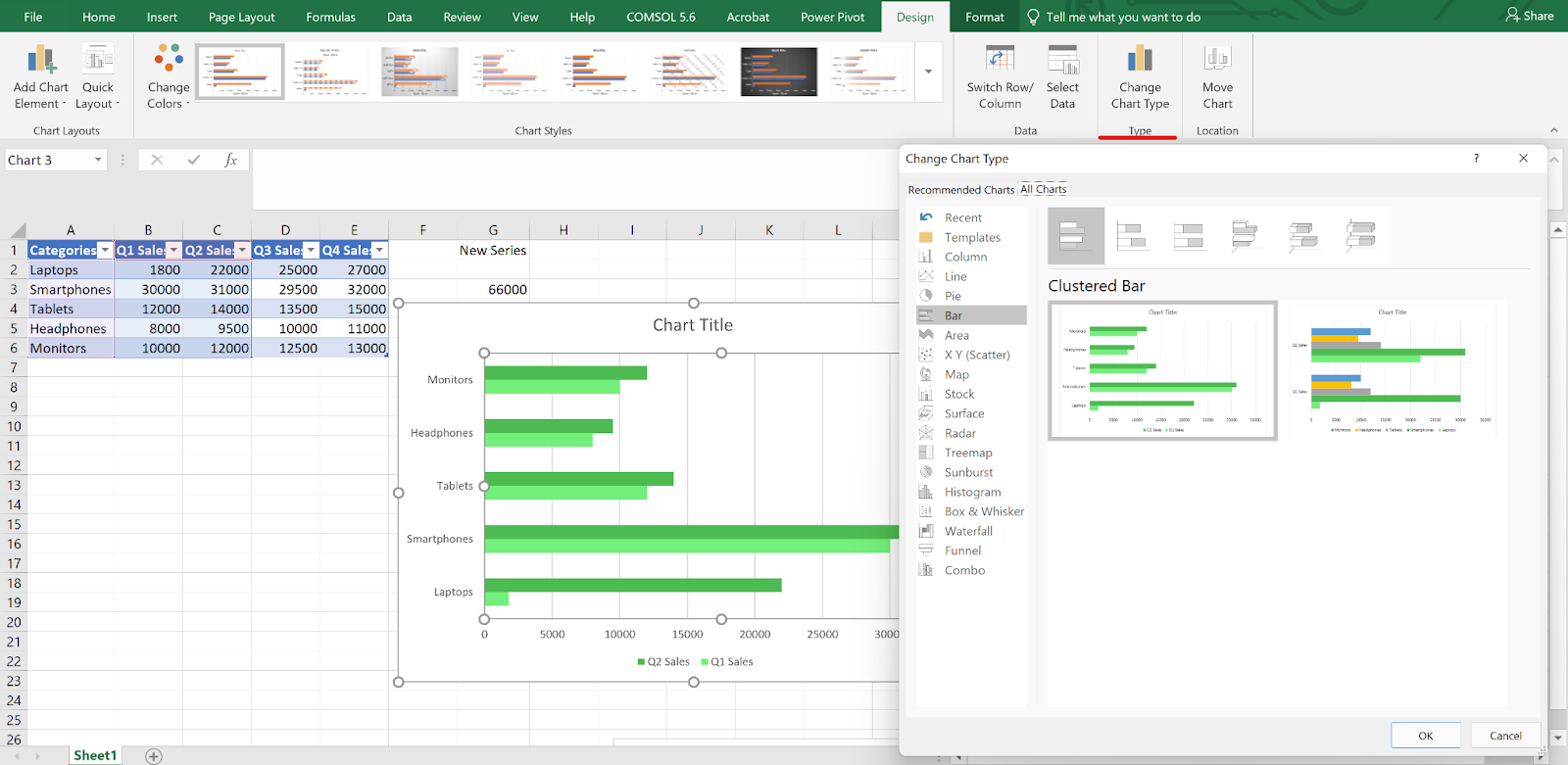 Ventana Cambiar tipo de gráfico de Excel que muestra la selección entre los formatos de barras y columnas.
