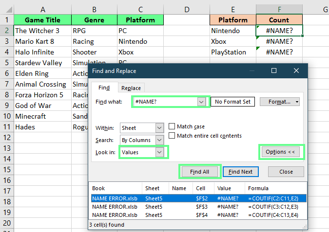 Finde den #NAME? Fehler mit dem Werkzeug Suchen und Ersetzen in Excel.