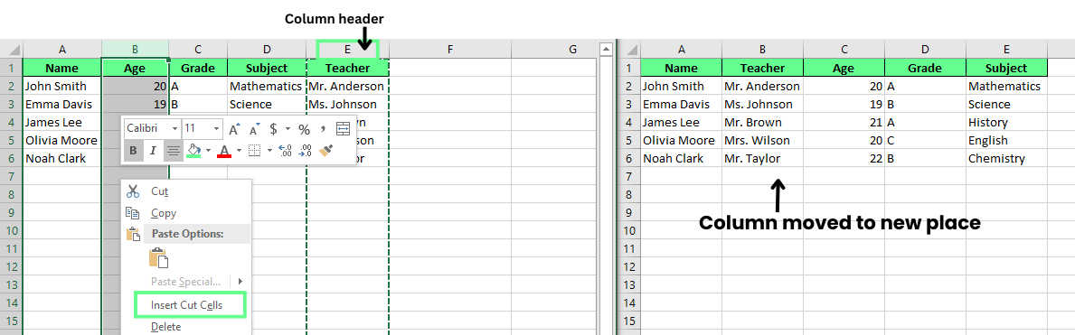 Move columns using Insert Cut Cells option in Excel.