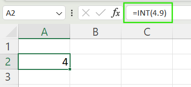 Using INT() function to round down a number to the nearest integer in Excel.