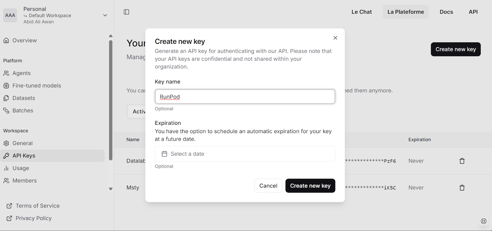 Generating the Mistral AI API key