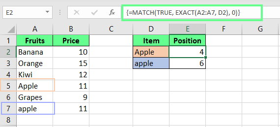 Combining EXACT() and MATCH() in Excel.