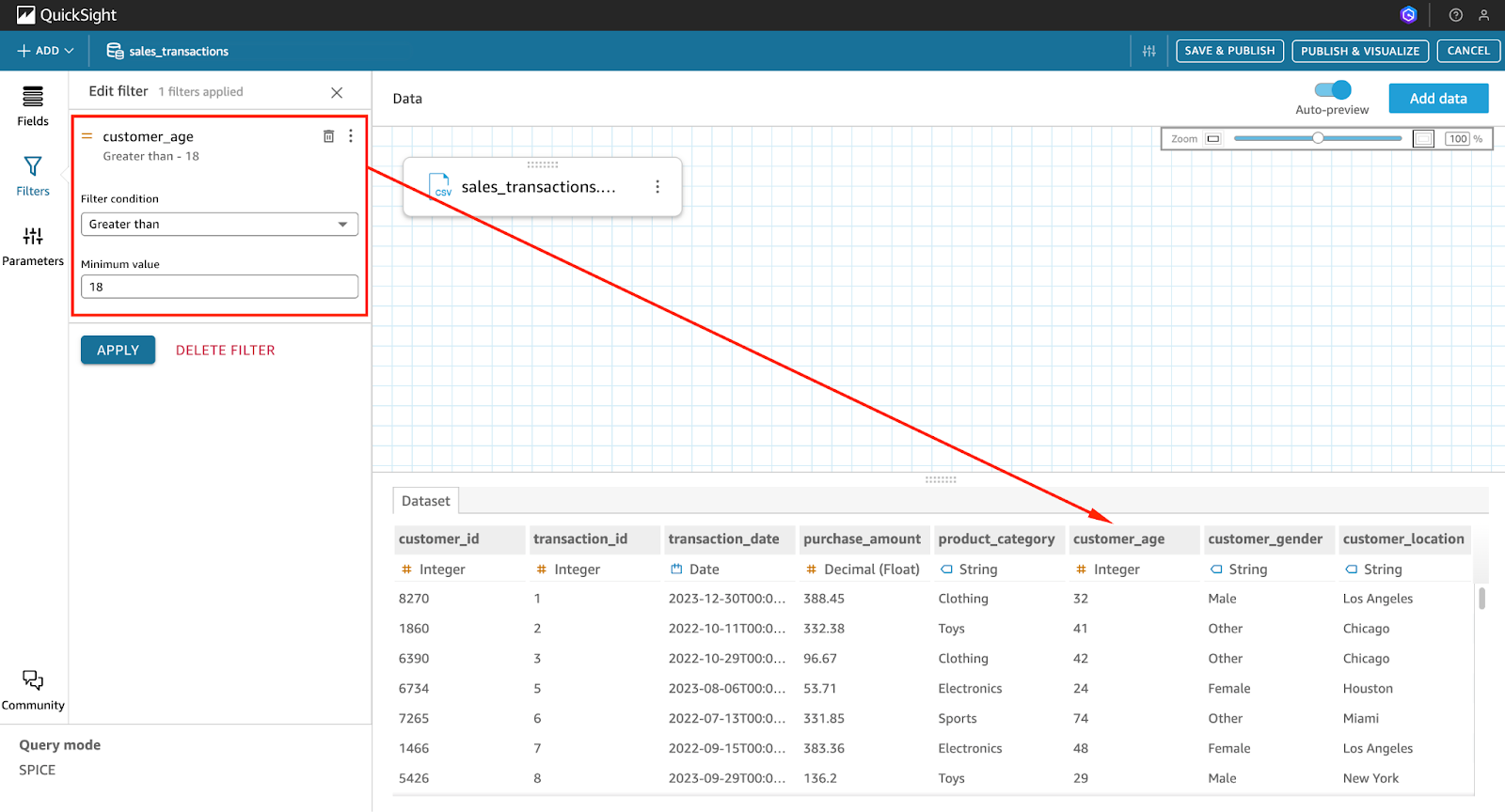 Capture d'écran de la console QuickSight montrant le processus d'importation d'un ensemble de données à partir d'un CSV (partie 03).