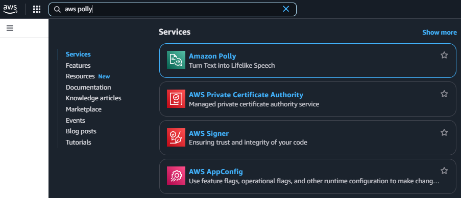 Screenshot of AWS search bar looking for Amazon Polly
