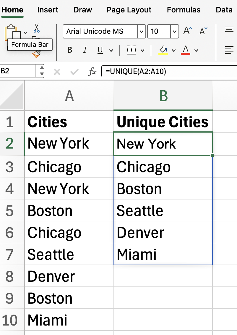 Exemple de base de la fonction UNIQUE dans Excel