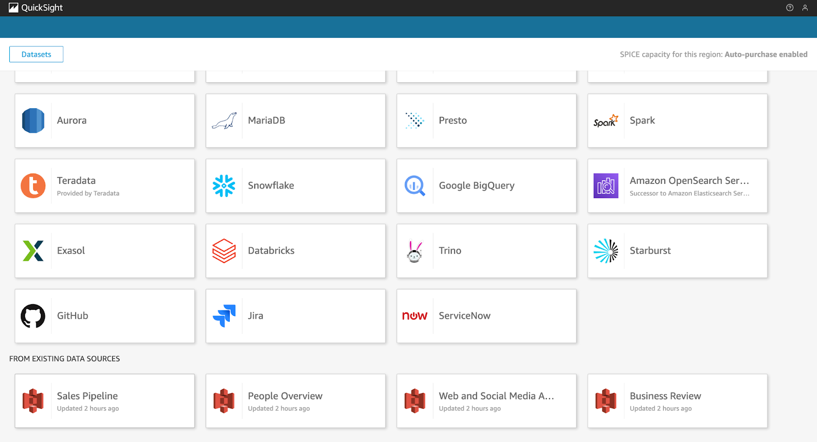 Capture d'écran de la console QuickSight montrant les options d'importation de données disponibles (partie 02).