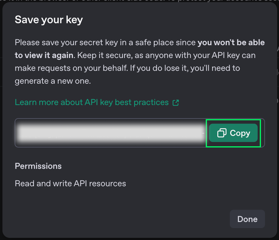 Copiando a chave da API para a API da OpenAI