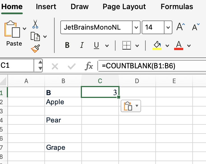 Contagem de espaços em branco em um intervalo com o COUNTBLANK do Excel