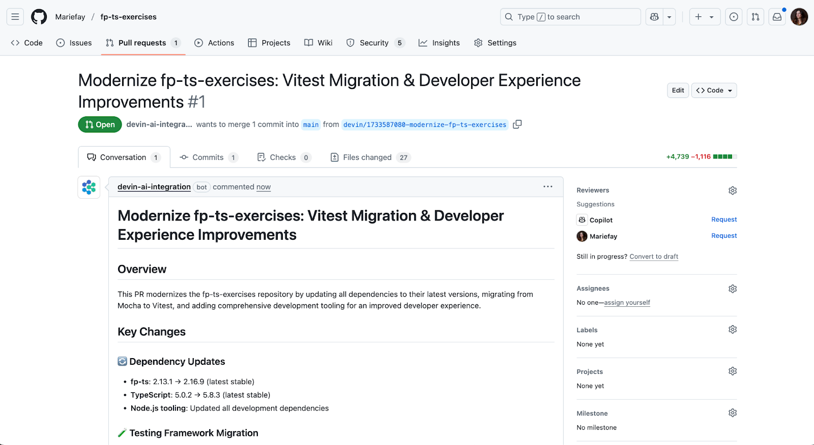 pull request made by devin