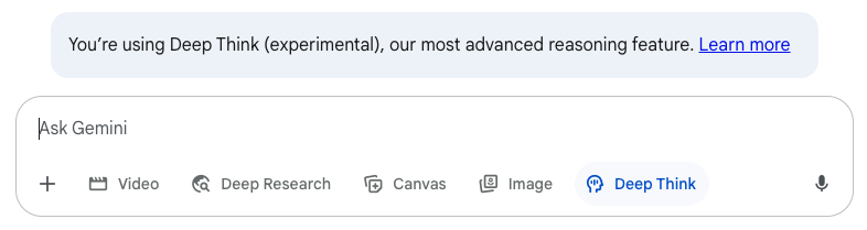 Gemini App interface showing Deep Think experimental feature highlighted, with options for video, deep research, canvas, image, and Deep Think button.