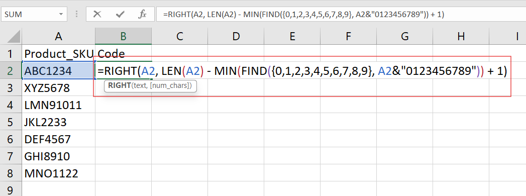 Extraer números del final de una cadena en Excel.