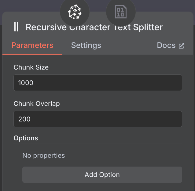 Configuration of the text splitter in n8n
