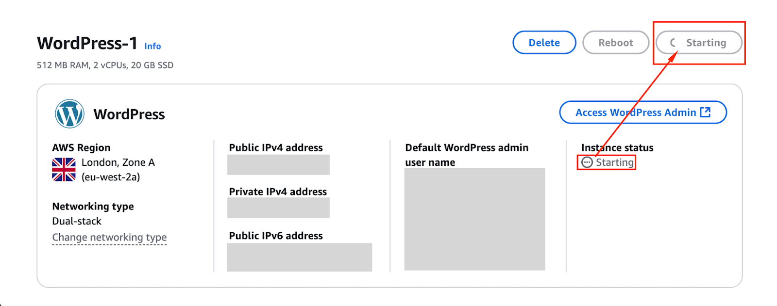 Instance WordPress utilisant AWS Lightsail dans un état de démarrage.