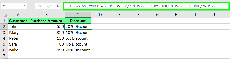 Aplicar descontos usando IFS() no Excel.