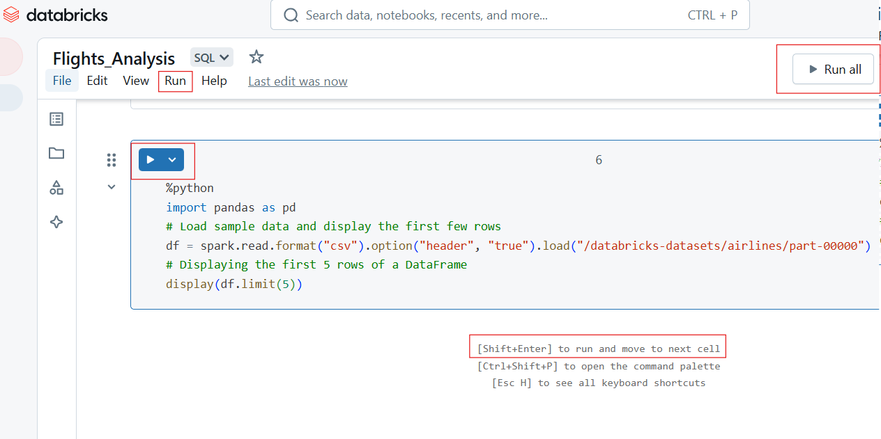 Execução individual e execução de todas as células no Databricks Notebook.