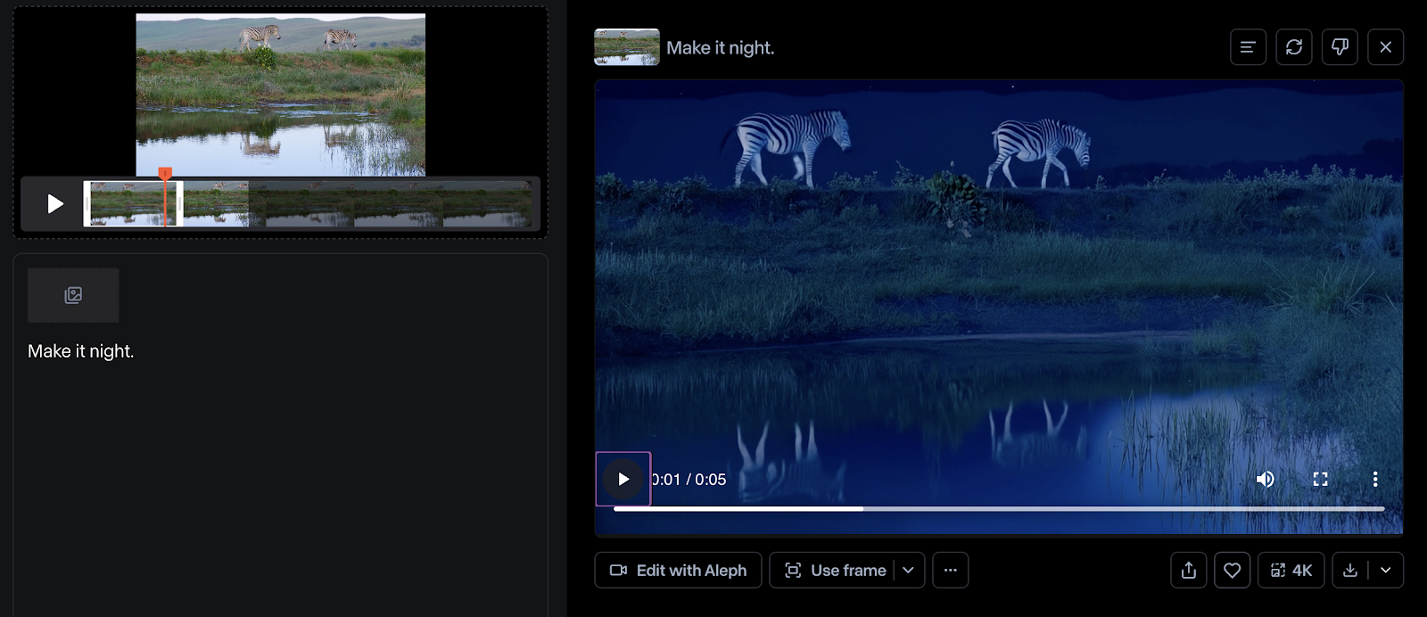 Uma interface de edição de vídeo mostrando duas zebras andando perto de um corpo d'água em uma cena noturna, transformada pelo Runway Aleph usando o prompt de texto “Transforme em noite”.