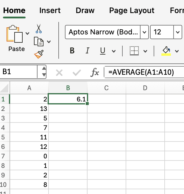 AVERAGE function in Excel example