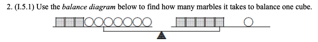Diagrama de equilíbrio mostrando uma balança com cubos e bolinhas de gude, mostrando quantas bolinhas são necessárias para equilibrar um cubo.